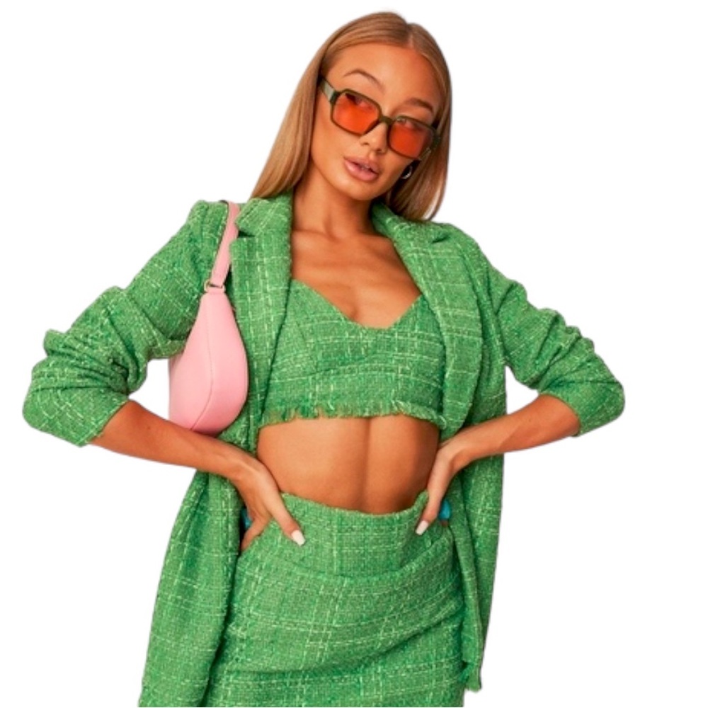NWT Missguided Tweed Boucle Crop Top in Lime Green Size 6